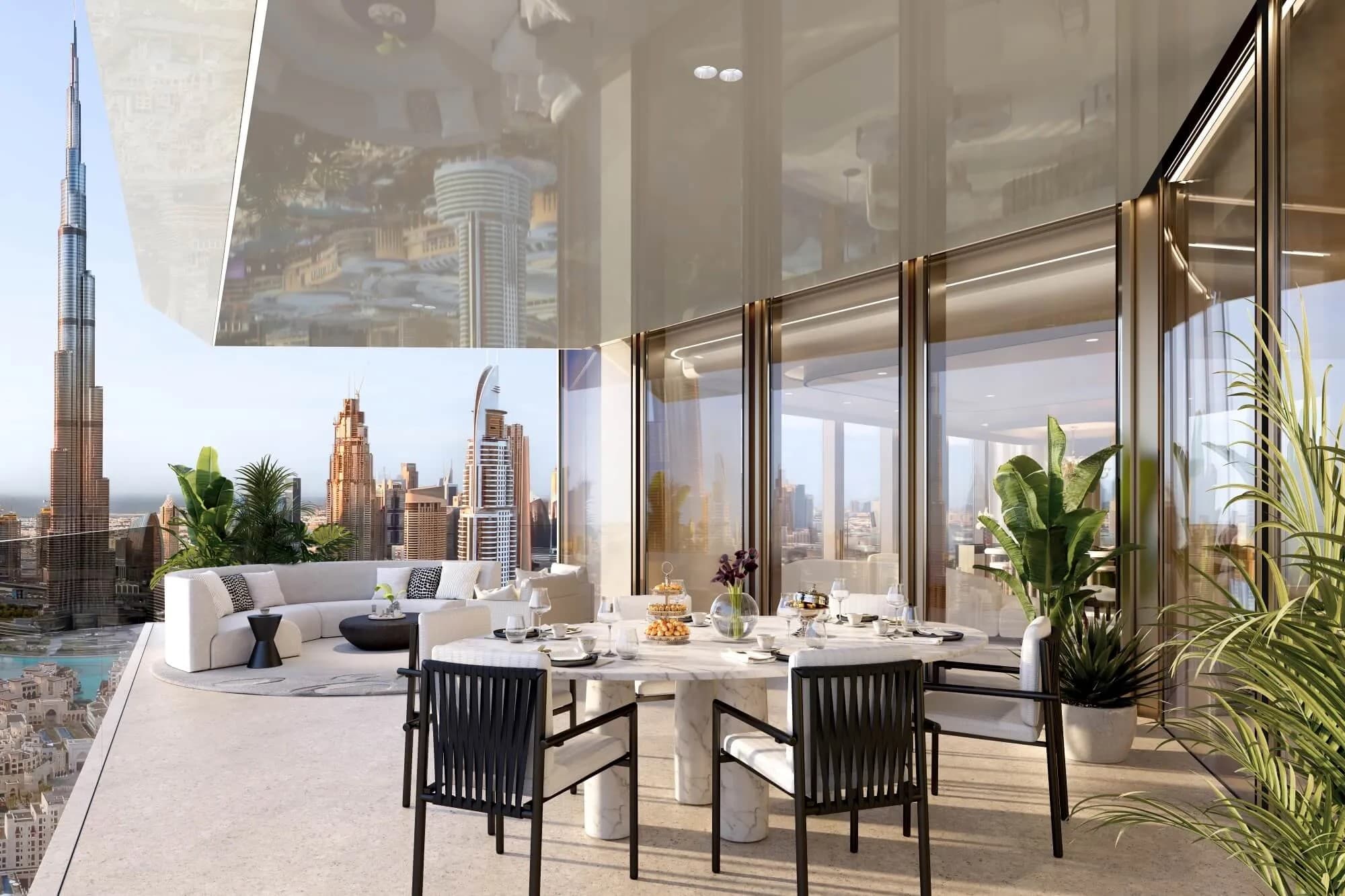 Residence terrace with dining and Burj Khalifa view