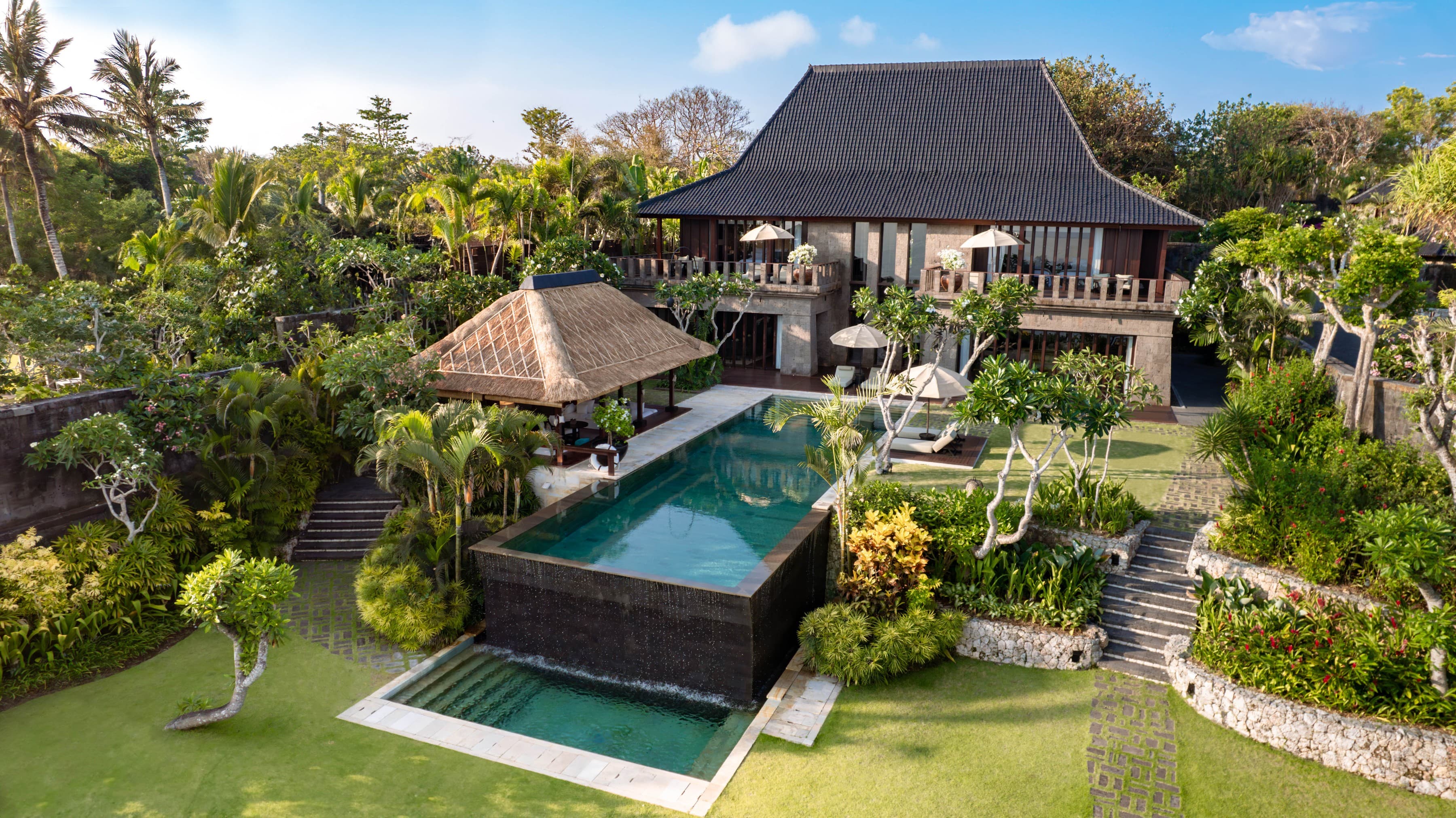 The Bulgari Villa and its pool from above