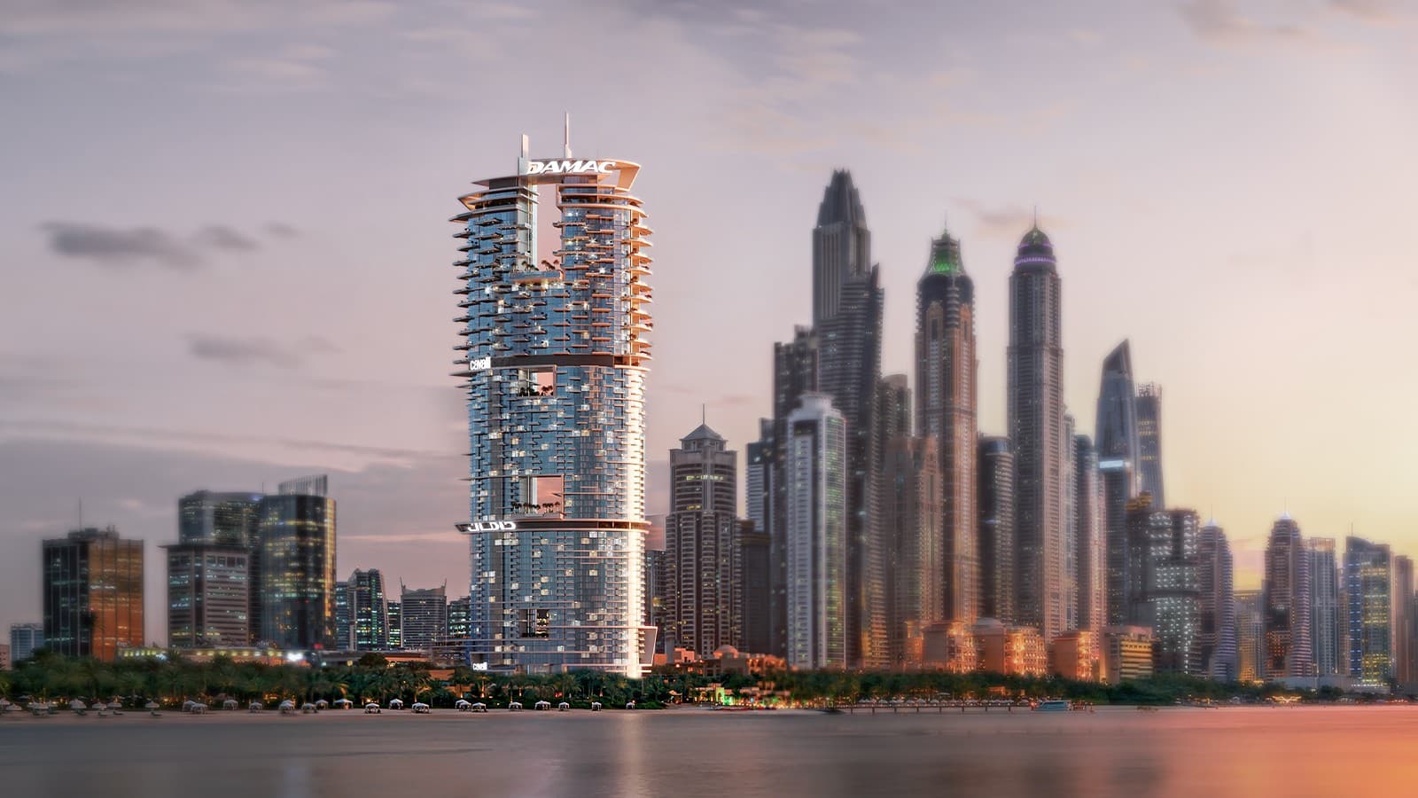 Rendering of the tower at dusk from the sea