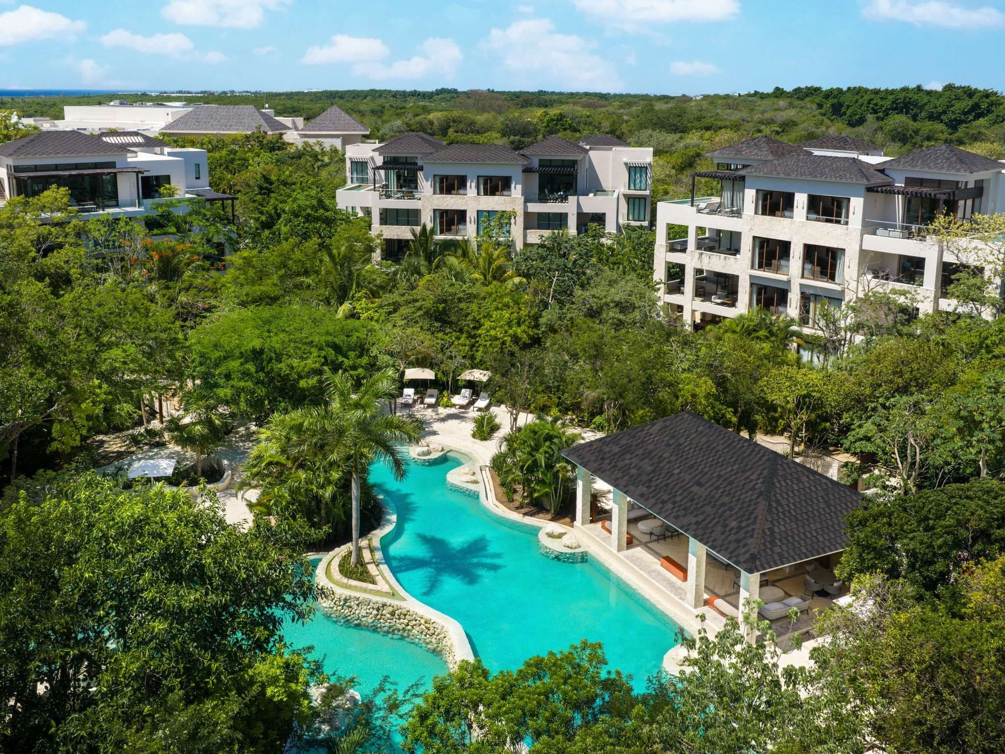 Aerial view of the residence buildings and pool
