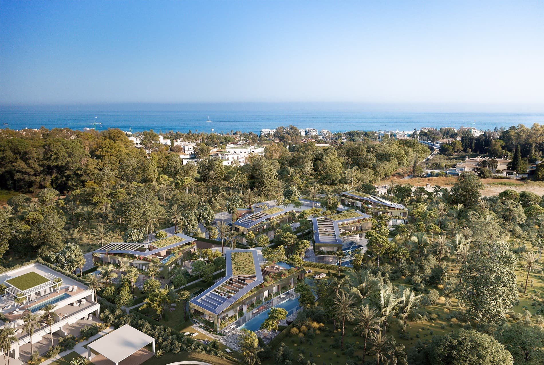 Aerial view of the villa estate above the sea