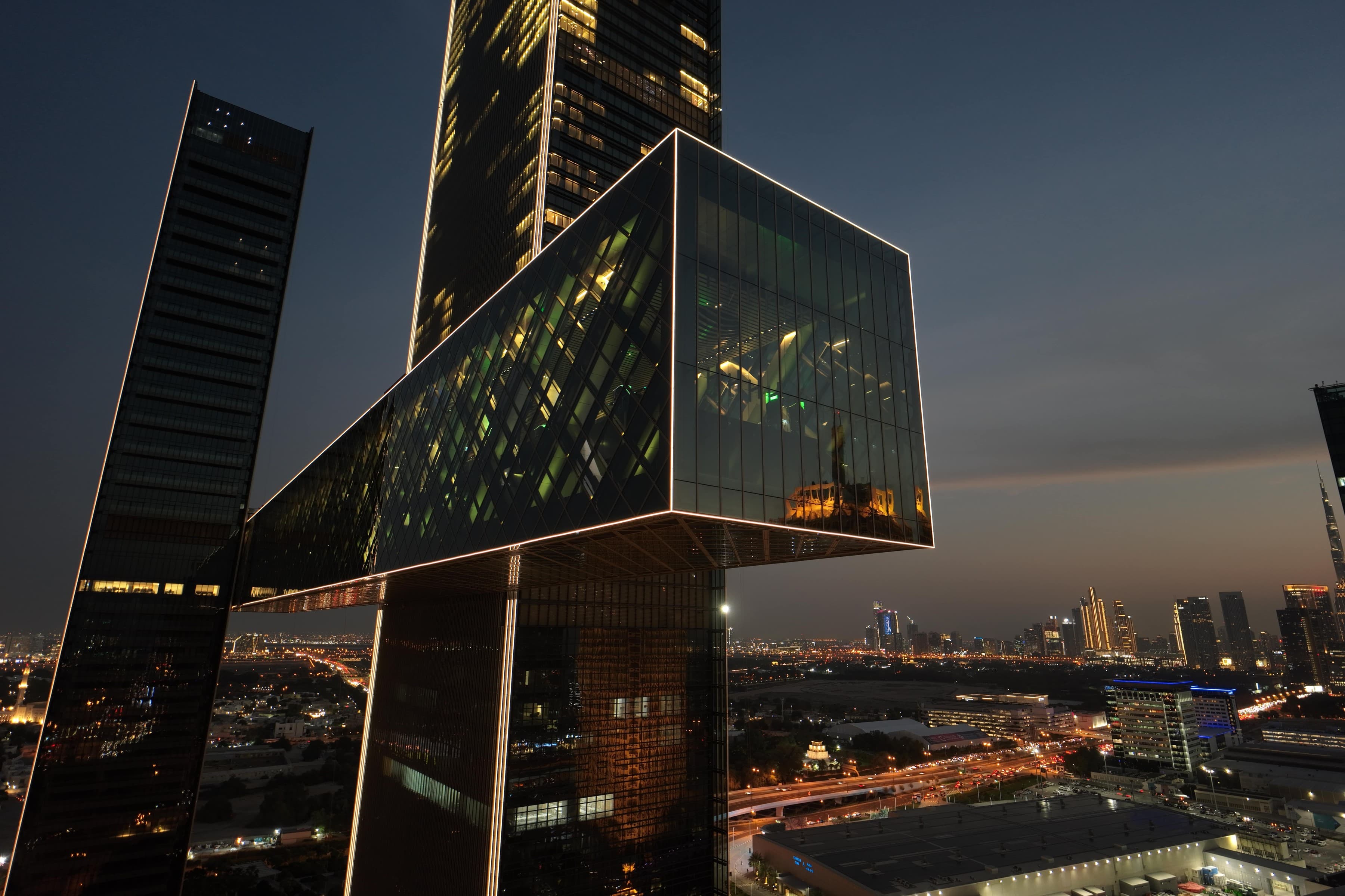 The two towers and The Link at dusk