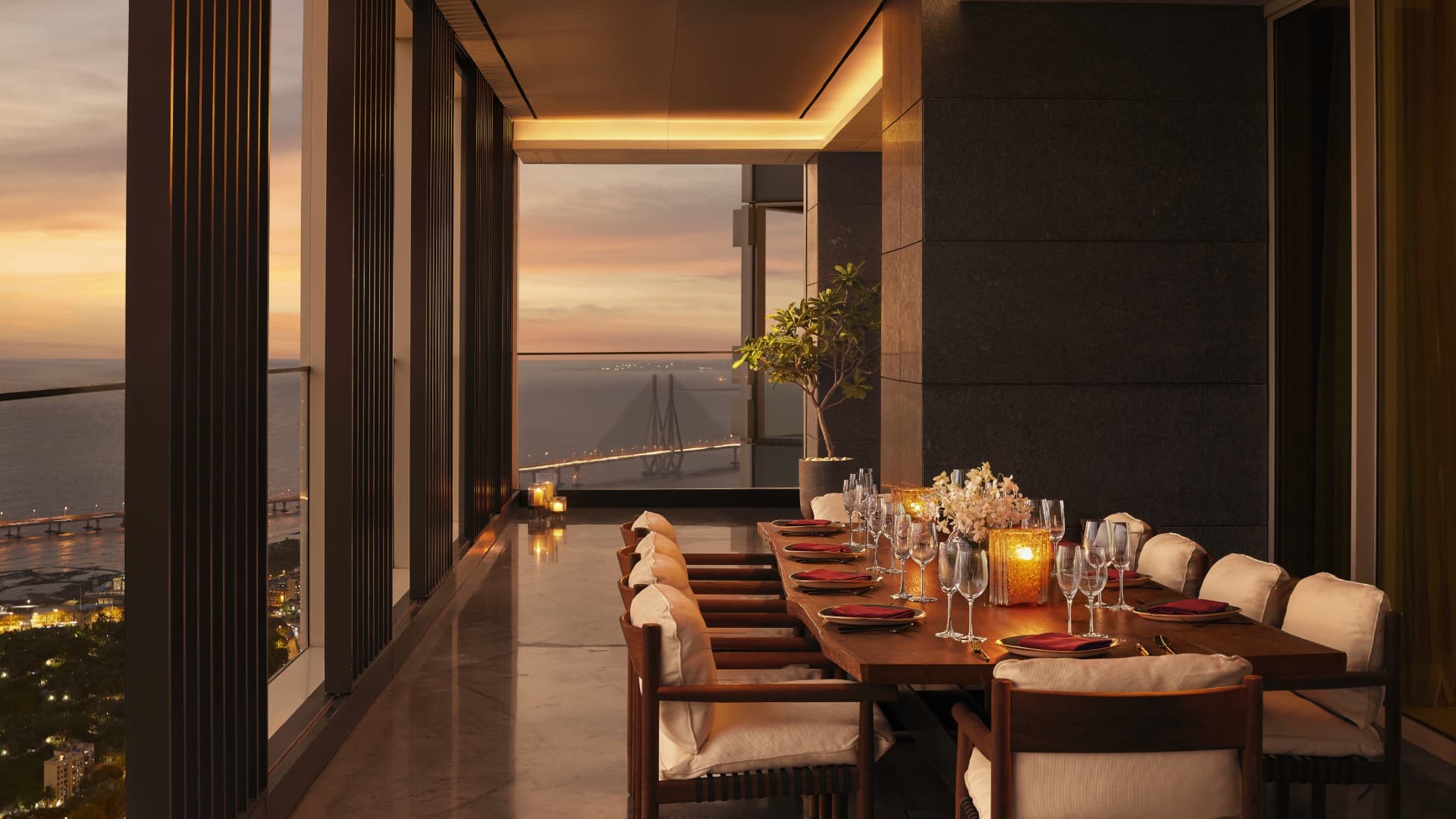 Terrace dining with the Bandra-Worli Sea Link beyond