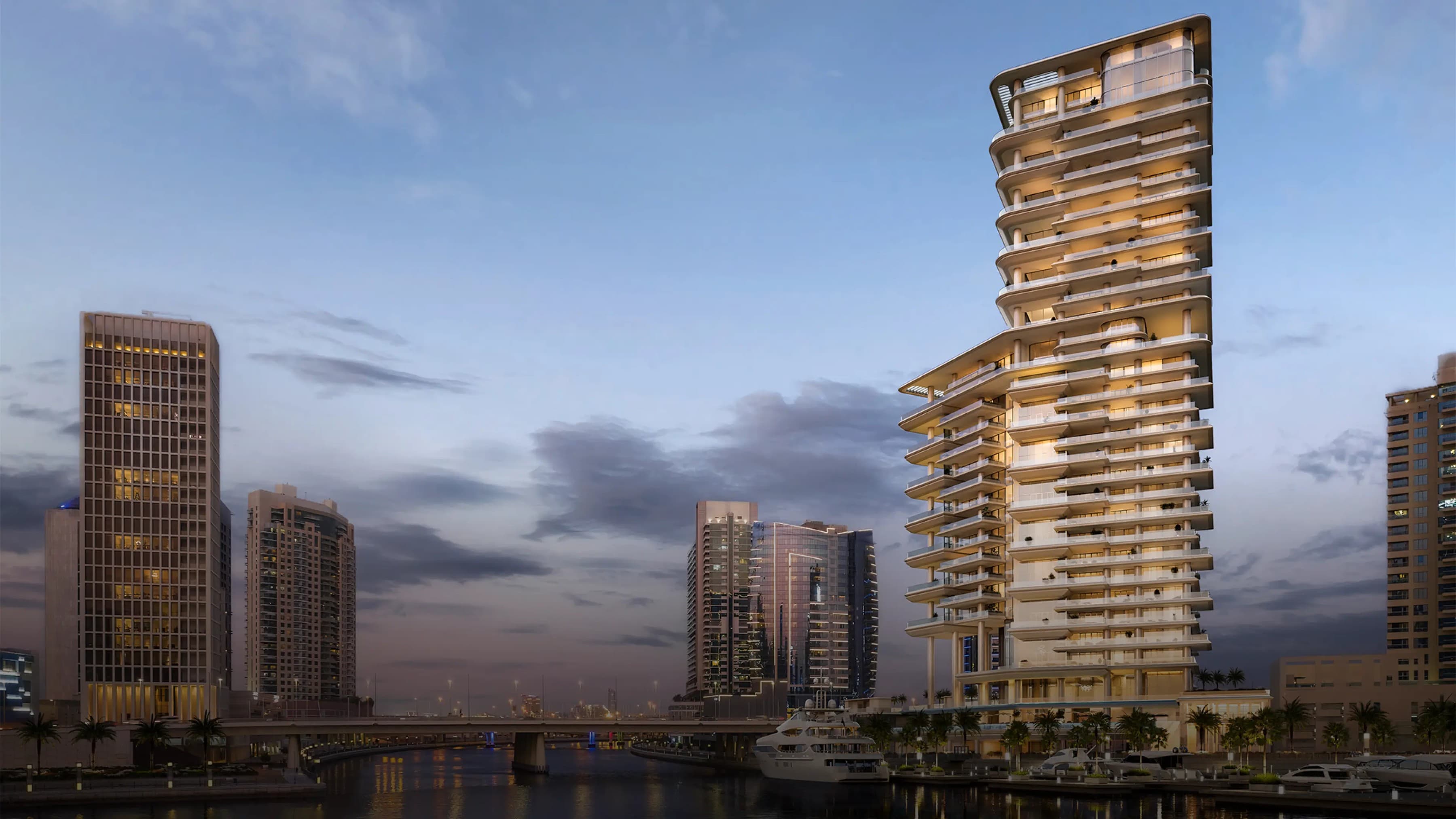 Vela tower above Marasi Bay at dusk